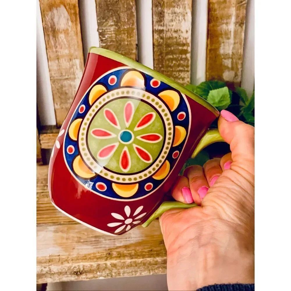 NWT Gorgeous Pier 1 Red Blue Ironstone MEXICALI Floral Rustic Coffee Mug - Picture 10 of 16
